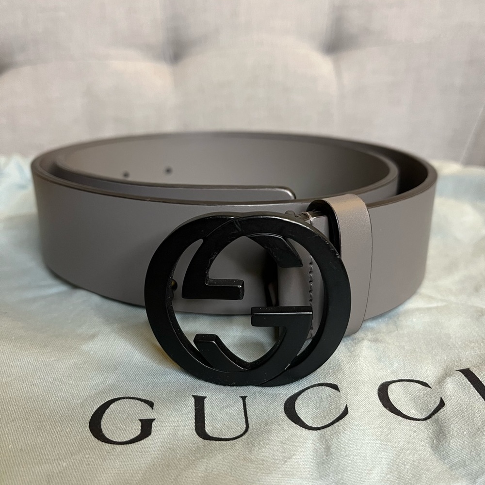 GUCCI BELT Grey Leather with Matte Black Interlocking G - Picture 1 of 7